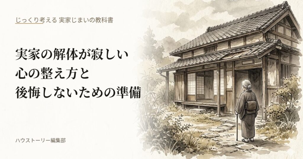 古い実家の前で杖を持って静かに家を見つめる人物の後ろ姿を水彩画で描いた、実家の解体が寂しい人へ向けた教科書記事のアイキャッチ画像。