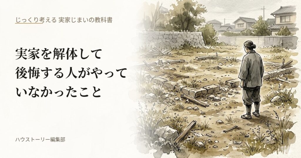 解体された住宅跡の更地に立ち尽くし、家があった場所を見つめる人物の後ろ姿を水彩画で描いた、実家解体後の後悔を解説した教科書記事のアイキャッチ画像。