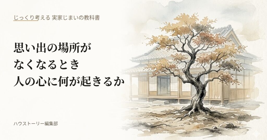 解体された更地に残る一本の古木と、藄かに重なる「かつてあった家」の面影を水彩画で描いた、思い出の場所がなくなる体験の心理を解説した教科書記事のアイキャッチ画像。