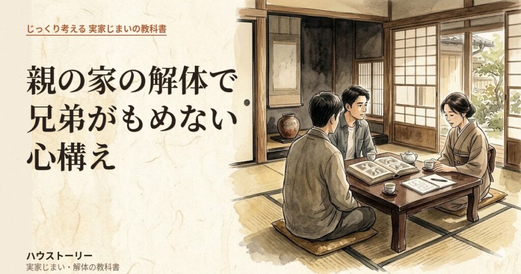 親の家の解体で兄弟がもめないための心構えを話し合う三人の家族