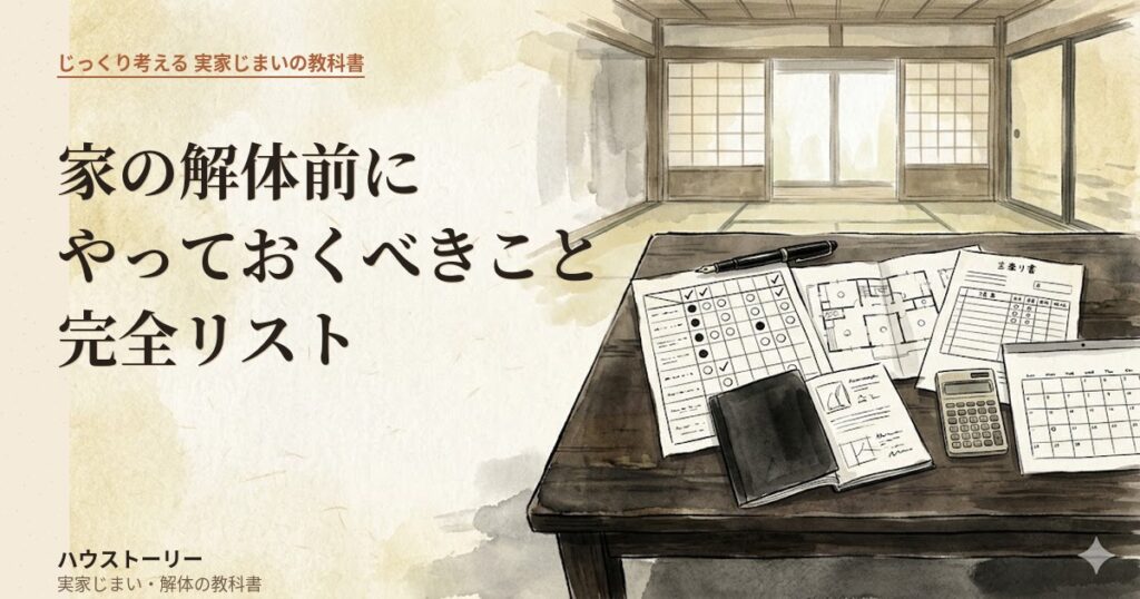 家の解体前にやっておくべき手続きチェックリストと見積書・平面図・カレンダー・計算機が和室の机に並ぶ水彩画