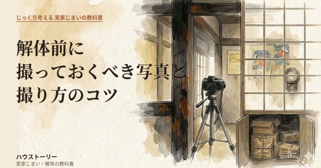 解体前の家のディテール（柱の傷・古いカレンダー・押入れの紙袋）を三脚カメラで丁寧に撮影しようとしている水彩画