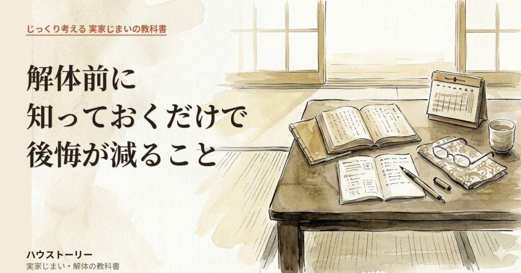 実家じまいの事前勉強として座卓に並んだ古い本・メモとペン・老眼鏡・茶碗・計算機・カレンダーの水彩画