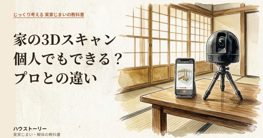 スマホ（個人スキャン）と業務用3Dスキャナー（プロ）が机の上に並んだ和室の水彩画