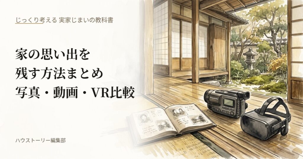 縁側に並ぶ写真アルバム・ビデオカメラ・VRゴーグルの3つの記録手段を水彩画で描いた、家の思い出を残す方法を比較する教科書記事のアイキャッチ画像。