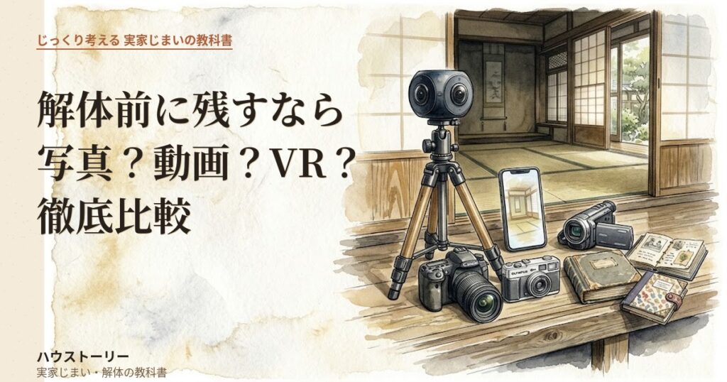 解体前の家を記録する道具たち（360度カメラ・一眼レフ・スマホ・ビデオカメラ・フォトアルバム）の水彩画