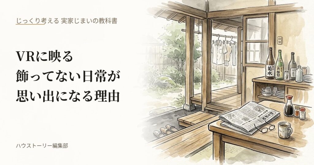 昭和の古い家の台所と居間に広がる「飾らない日常」の風景を水彩画で描いた、VR空間記録の価値を解説する教科書記事のアイキャッチ画像。