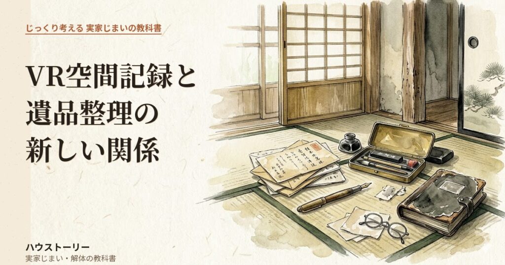故人の遺品（古い手紙・万年筆・メガネ・アルバム・道具）が和室の床に並べられて記録と整理を待っている水彩画